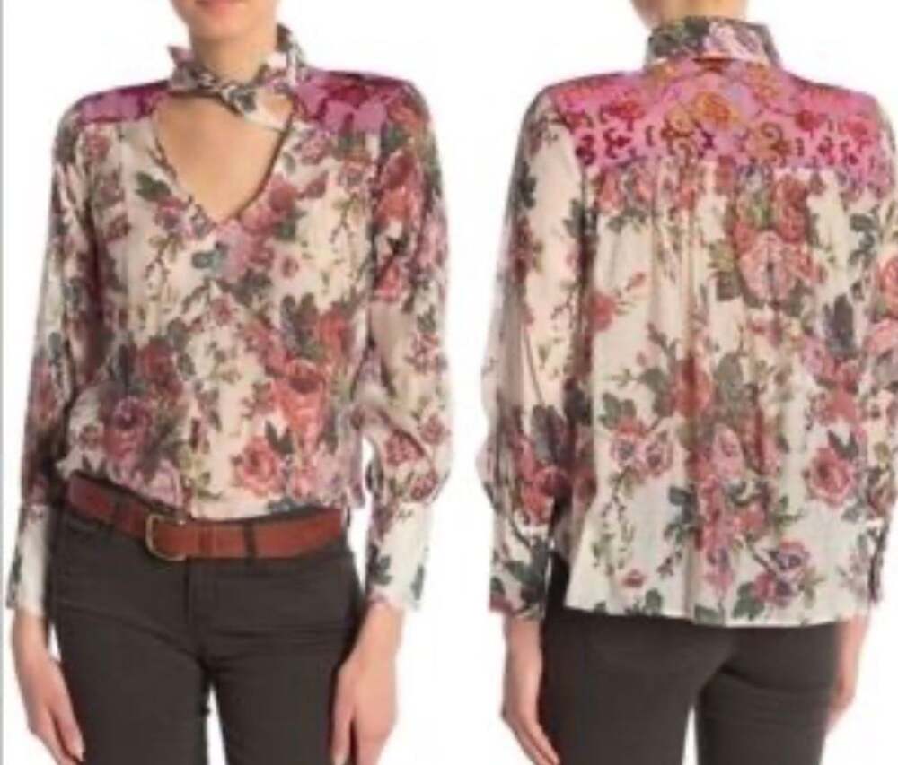 Aratta Floral Blouse Size M Pink Floral Velvet Patchwork Tie Neck